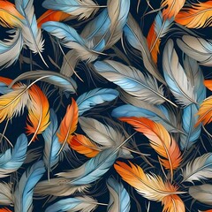 Wall Mural - colorful feathers in shades of blue orange and gray scattered on a dark background creating a vibran