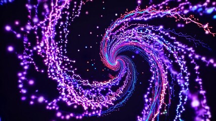 Poster - Colorful particles swirling and converging towards center on black background