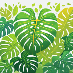 Poster - A vibrant illustration showcasing a lush arrangement of green Monstera Deliciosa leaves, creating a tropical and botanical aesthetic.
