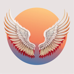 Poster - Vector illustration of stylized angel wings with detailed feathers, set against a gradient orange and blue background within a circular shape, representing freedom.
