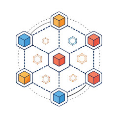 Poster - Decentralized network connection blockchain technology with hexagon and cube nodes icon design