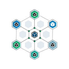 Poster - Decentralized network connection blockchain technology with hexagon and cube nodes icon design