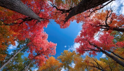 the heart-shaped sky in the center of autumn leaves is a bright blue, with trees on all sides and co