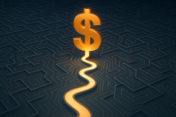 Poster - Golden Dollar Symbol on Maze Background Representing Financial Challenge