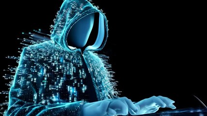 Poster - Futuristic hacker in cyberspace: digital data transformation scene