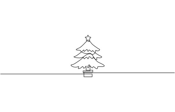 One line continuous drawing of a Christmas tree with star on top and Isolated on white background,  One line drawing Christmas tree, Christmas tree doodle Isolated.