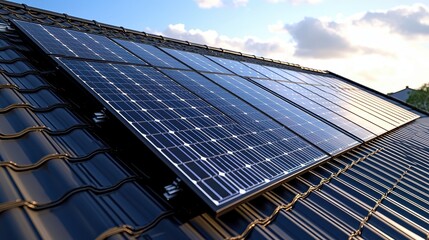 Solar panel performance residential roof mounted array modern house clean energy technology photovoltaic system blue sky clouds professional installation