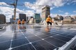 © pisan thailand - Workers install solar panels on a rooftop in a modern city, promoting renewable energy and sustainability amidst urban skyscrapers.