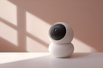 Poster - Modern wireless security camera resting on white surface with window light creating shadows
