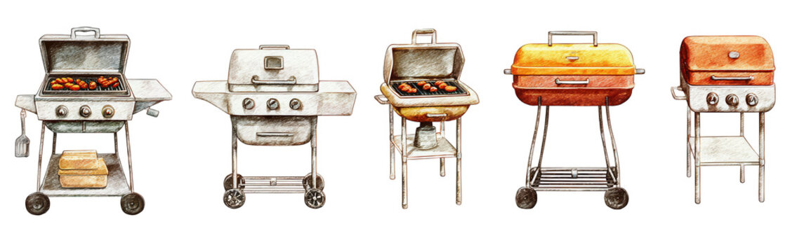 Barbecue set illustration, clip art style, white background, png, transparent