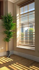 Poster - Sunlight streams through wooden blinds, illuminating a tranquil room with indoor plants and warm wood flooring on a bright morning