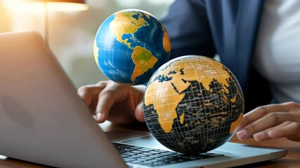Poster - A person engages with a laptop while holding a globe during the glowing sunset, symbolizing global connections in business