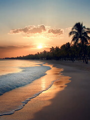 Aufkleber - Sunset beach palm tree ocean wave tropical coast golden sky tranquil serene landscape