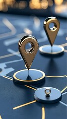Poster - Detailed representation of golden markers on a sleek map, showcasing navigation and location tracking technology in action