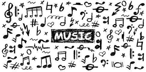 Poster - Handwritten pop vector background with charcoal scribble music icons. Playful and dynamic style for modern music-themed graphics. Cute childish kindergarten or school black pastel or wax pencil signs