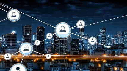 Poster - A vibrant urban skyline at night showcases illuminated buildings connected by digital network links, emphasizing innovation and technology