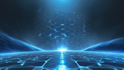 Futuristic Hexagon Landscape, Blue Digital Scene