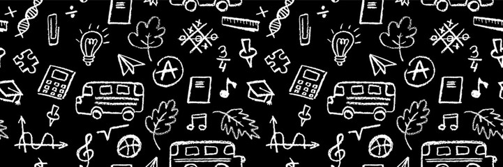 Poster - Seamless pattern with school icons like bus, leaf, note, and bulb in white color. Ideal for back to school or kindergarten designs, educational prints, and creative classroom projects. Vector bg