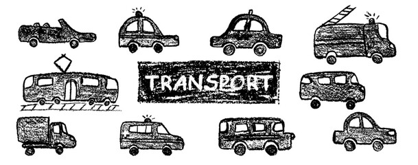Poster - Set of crayon drawn vehicles including police, passenger car, ambulance, fire truck, taxi and train. Wax pastel squiggles with charcoal grunge texture for nursery kindergarten education style. Vector