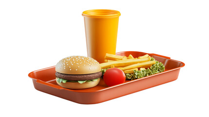 Aufkleber - a fast food meal on a tray with a burger, fries, tomato and drink on a black isolated background on 