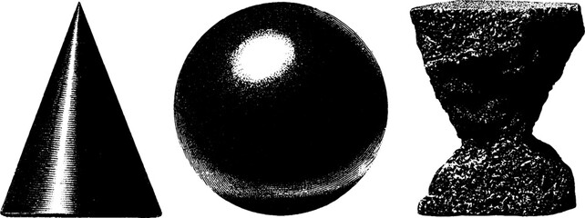 Poster - Minimalist geometric shapes: cone, sphere, and textured form in engraving and stippling art