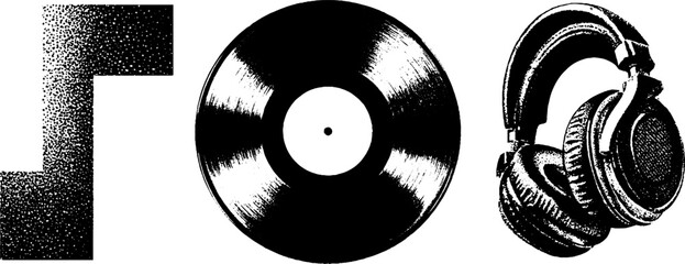 Poster - Minimalist music design with vinyl record and headphones in engraving stipple texture