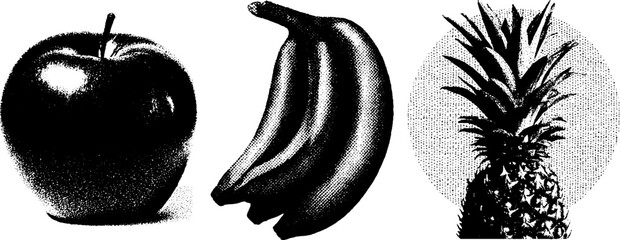 Poster - Minimalist fruit trio: engraving and stippling texture design with apple, banana, and pineapple