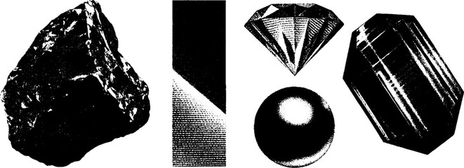 Poster - Minimalist gemstone engravings with stippling and halftone texture for art and design