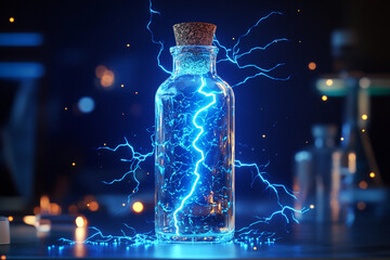Aufkleber - Glowing blue lightning captured in a glass bottle Generative AI