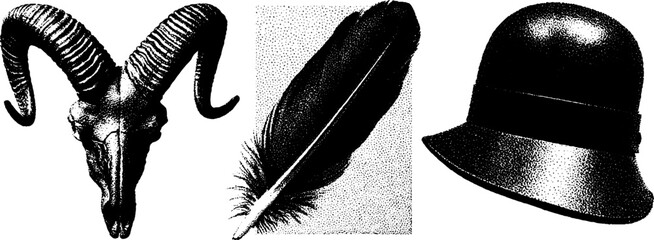 Poster - Minimalist engraving art featuring ram skull, feather, and hat with stippling and halftone texture