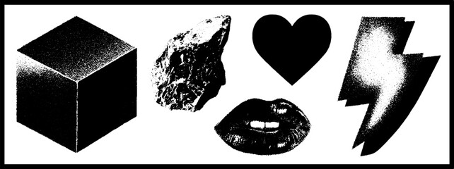 Poster - Minimalist engraving featuring cube, rock, heart, mouth, and lightning with stippling and halftone texture
