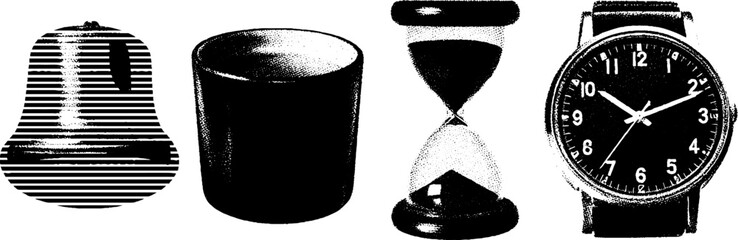 Poster - Minimalist engraving featuring pear, cylindrical object, sand timer, and clock in stippling and halftone texture
