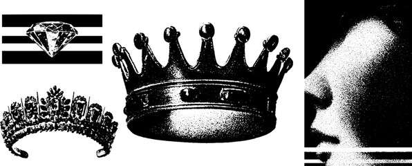 Poster - Minimalist engraving with crown and diamond in stippling and halftone texture for art design