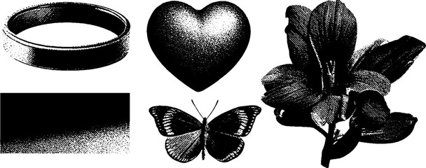 Poster - Minimalist engraving with stippling and halftone texture featuring heart, ring, butterfly, and flowers