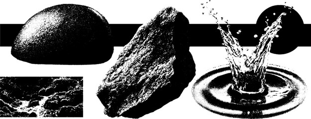 Poster - Realistic engraving art featuring pebbles, rocks, and water texture in stippling technique