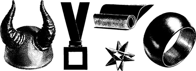 Poster - Vintage engraving of stipple and halftone textured objects featuring helmet and medals