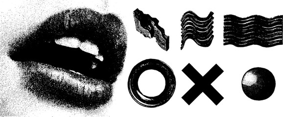 Poster - vintage engraving with stippling texture featuring abstract shapes and lips design