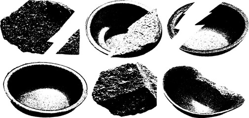 Poster - Vintage engraving of stippling and halftone textures featuring various bowls and rocks