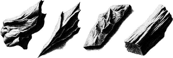 Poster - Vintage engraving with stippling and halftone texture featuring abstract rock forms