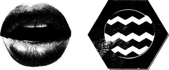 Poster - Vintage engraving art with stippling and halftone texture featuring lips and geometric shapes
