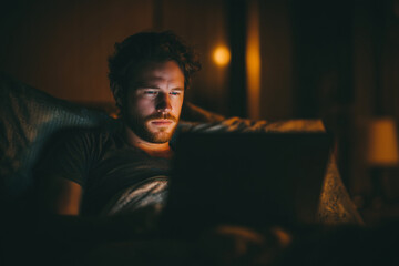 Poster - A man is sitting on a bed with a laptop in front of him. He is looking at the screen with a serious expression. The room is dimly lit, creating a cozy and intimate atmosphere