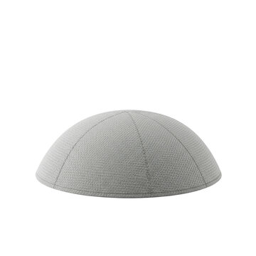 A single kippah, meticulously crafted from fine textured fabric with intricate stitching, presented as a full domed object. Isolated on a transparent seamless studio background, no shadows, commercial