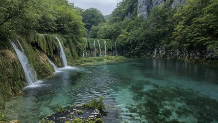 Poster - A serene view of cascading waterfalls flowing into a turquoise, crystal-clear lake surrounded by lush green forest and rocky cliffs.