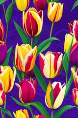 Wall Mural - Tulips on purple background cartoonish seamless pattern