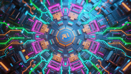 Fototapete - Futuristic Artificial Intelligence Concept with Digital Circuit Interface