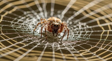 Macro shot of spider weaving web with intricate silk threads in natural setting