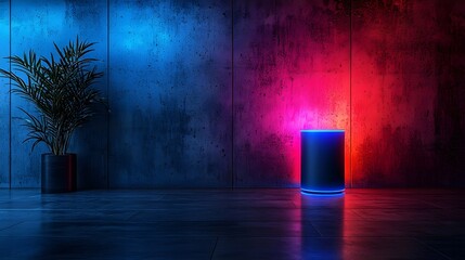 Poster - Sleek blue neon smart speaker in a minimalist modern home