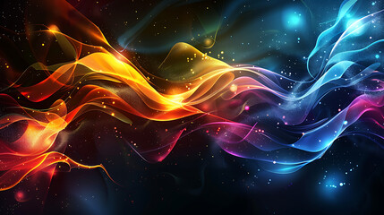 Leinwandbilder - Abstract background with flowing multicolored waves and glowing particles creates a dynamic and vibrant design against a dark backdrop