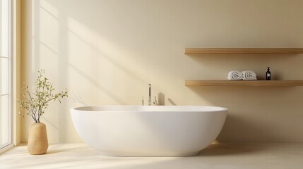Poster - Empty white bathtub, light beige wall, wooden shelves