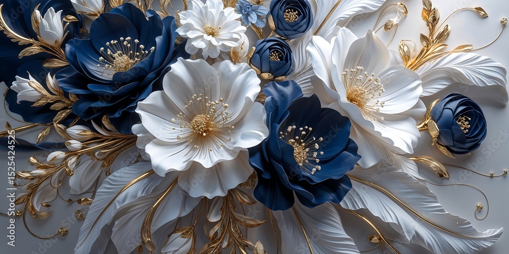 Elegant 3d paper flowers white blue gold decor Stock Photo | Adobe Stock